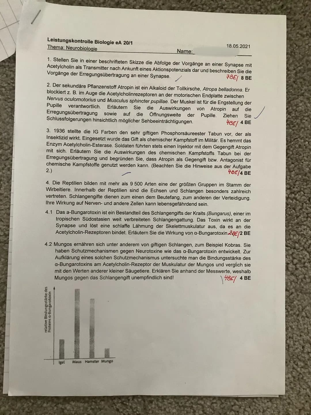 Leistungskontrolle Biologie eA 20/1
Thema: Neurobiologie
1. Stellen Sie in einer beschrifteten Skizze die Abfolge der Vorgänge an einer Syna