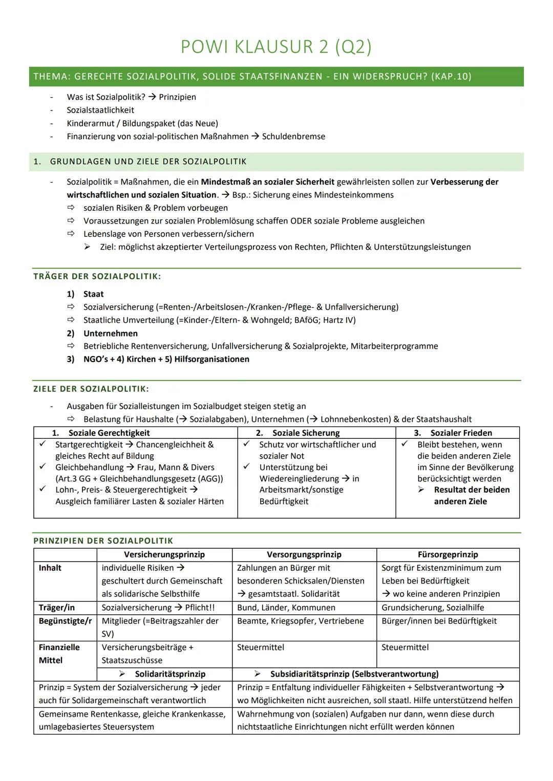 # POWI KLAUSUR 2 (Q2)

THEMA: GERECHTE SOZIALPOLITIK, SOLIDE STAATSFINANZEN EIN WIDERSPRUCH? (KAP.10)

- Was ist Sozialpolitik? Prinzipien
-