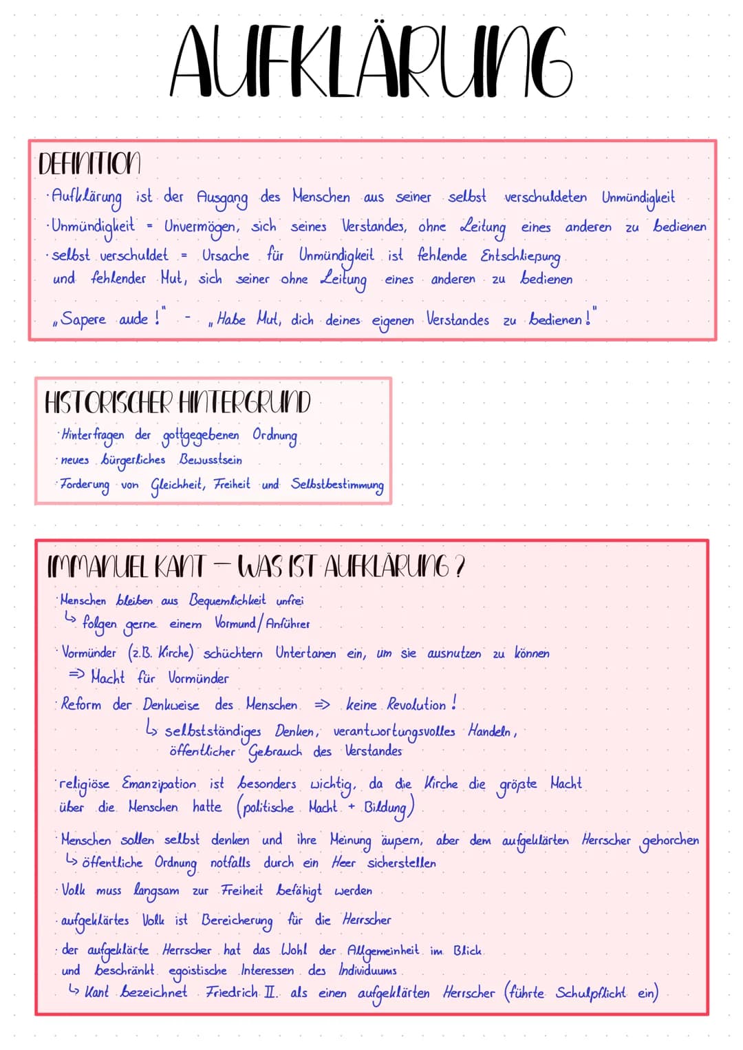 AUFKLÄRUNG
DEFINITION
Aufklärung ist der Ausgang des Menschen aus seiner selbst verschuldeten Unmündigkeit
Unmündigkeit Unvermögen, sich sei