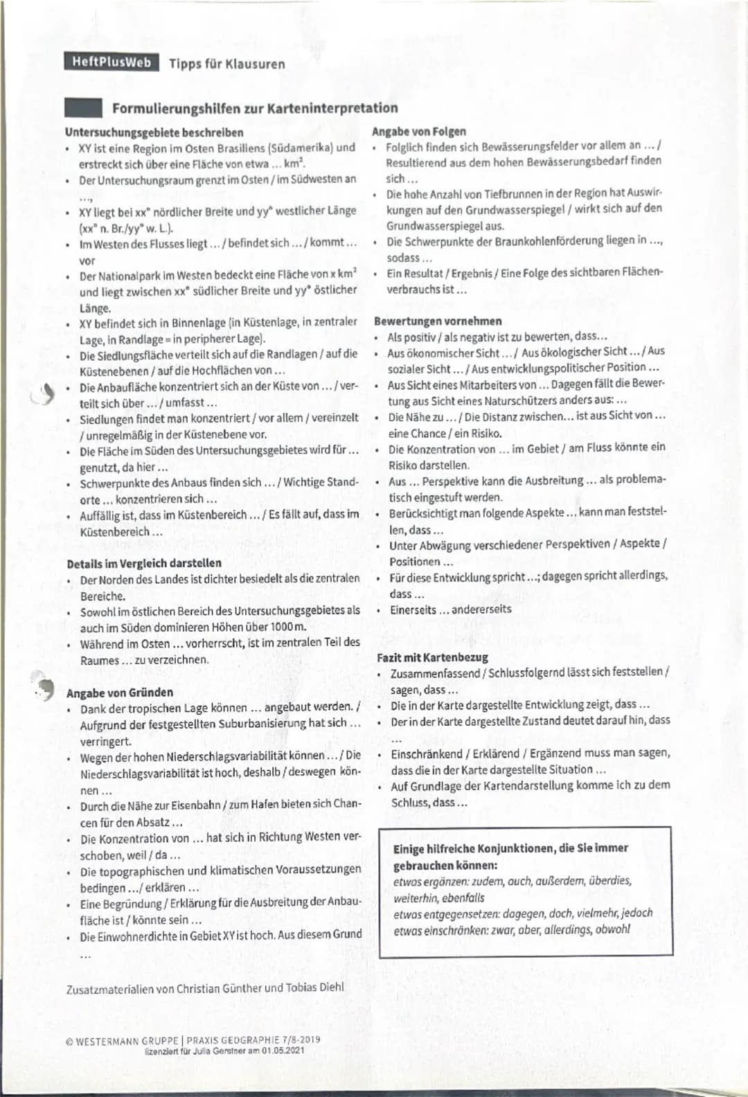 HeftPlusWeb Tipps für Klausuren
Formulierungshilfen zur Karteninterpretation
Untersuchungsgebiete beschreiben
⚫XY ist eine Region im Osten B