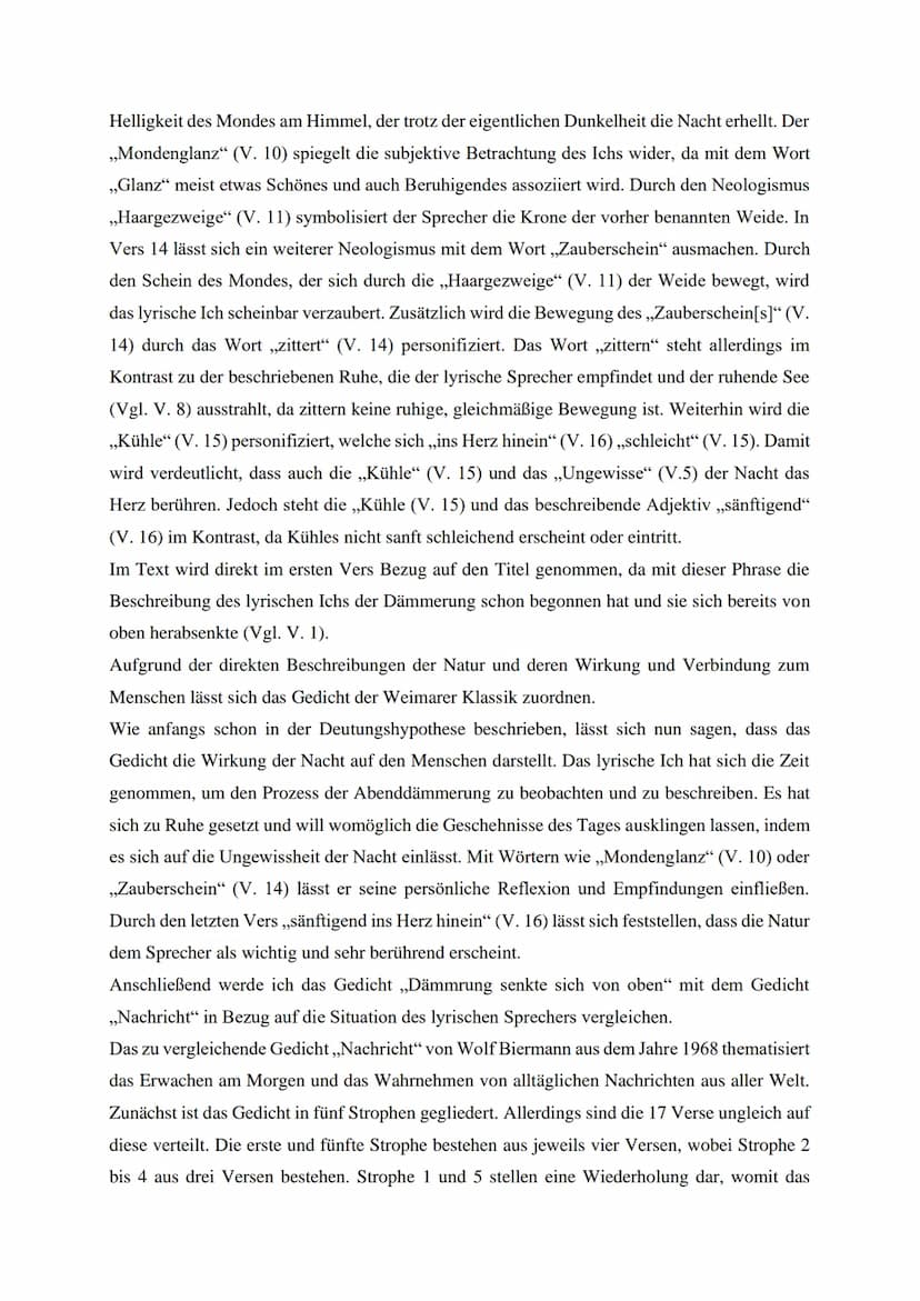 1. Klausur Deutsch -
- Textvergleich
In dem Gedicht ,,Dämmrung senkte sich von oben" von Johann Wolfgang von Goethe aus dem
Jahre 1827 geht 