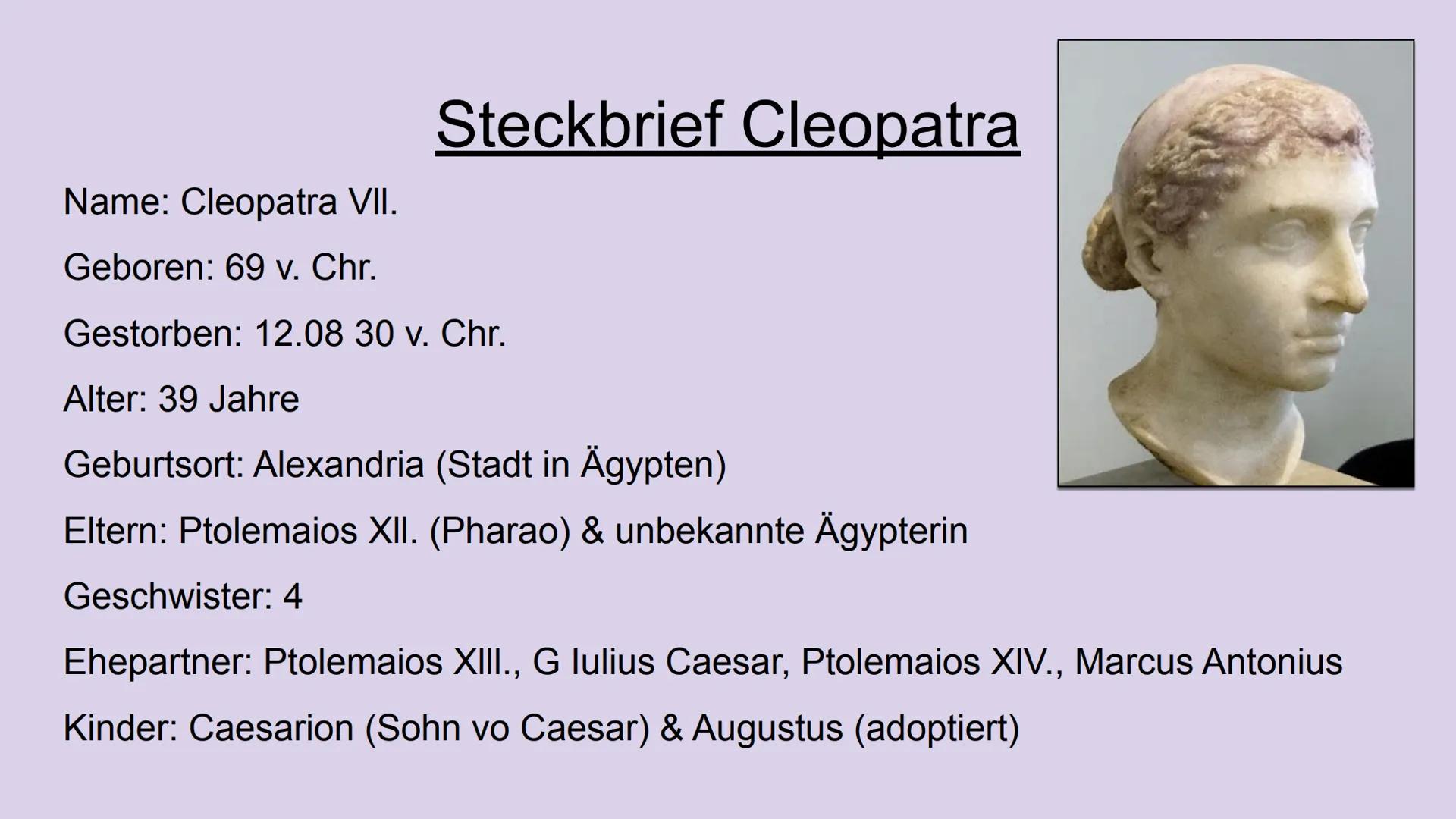 # Caesar und Cleopatra # Aufbau

- Steckbrief/ Biografie Cleopatra
- Steckbrief Caesar
- Beziehung zwischen den beiden
- Cleopatras Selbstmo