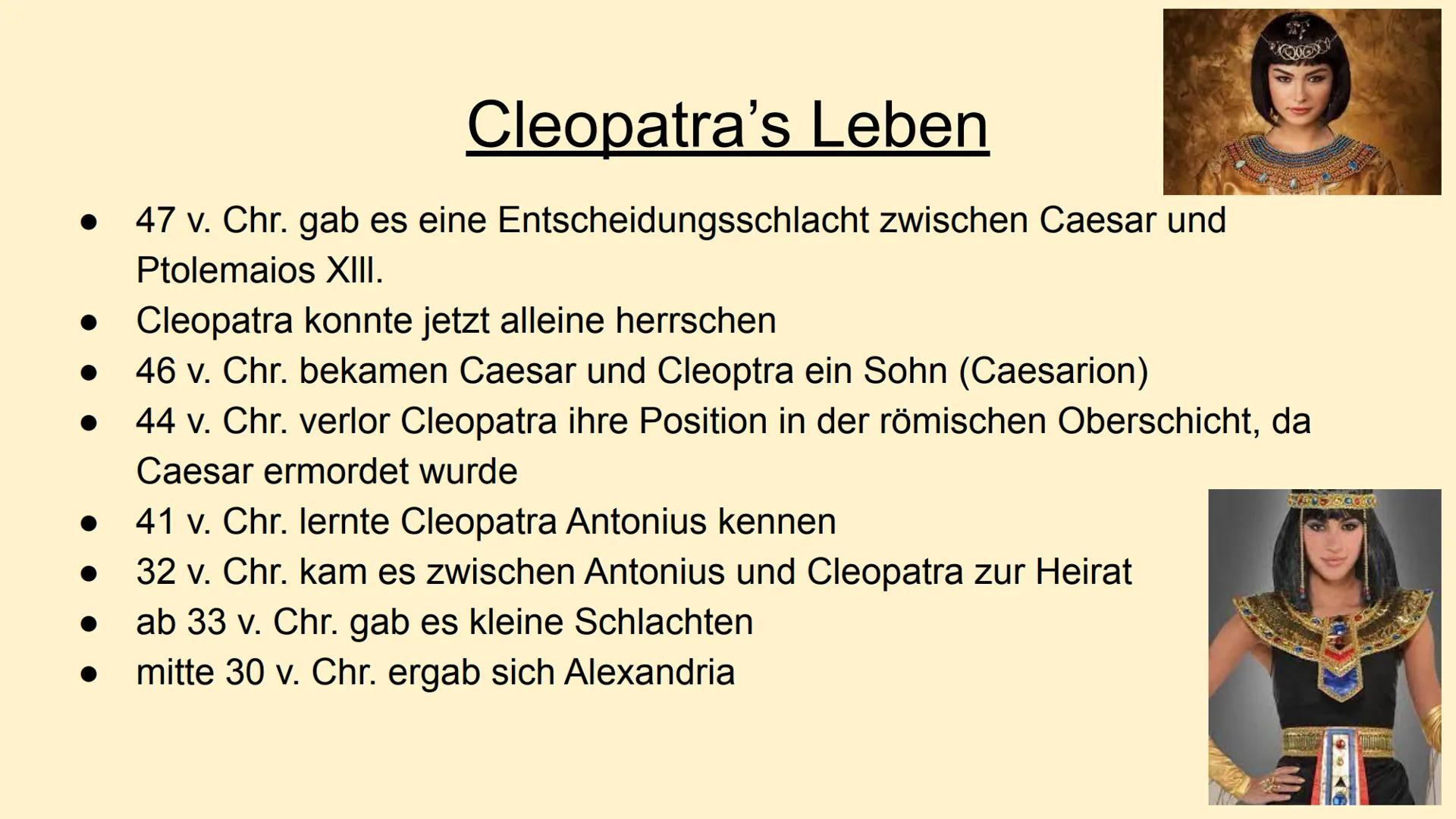 # Caesar und Cleopatra # Aufbau

- Steckbrief/ Biografie Cleopatra
- Steckbrief Caesar
- Beziehung zwischen den beiden
- Cleopatras Selbstmo
