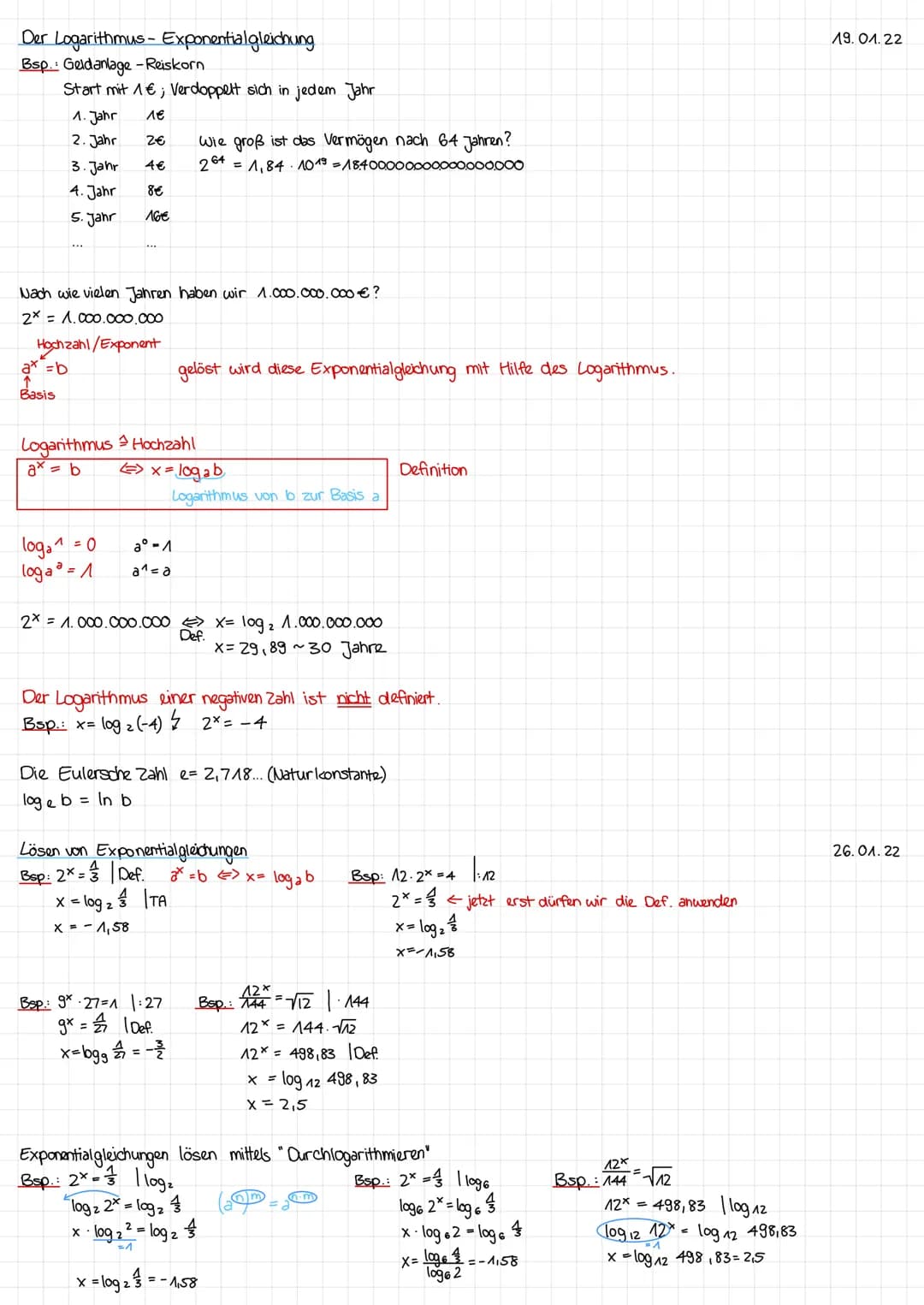 Der Logarithmus - Exponentialgleichung
Bsp.: Geldanlage - Reiskorn
Start mit 1€; Verdoppelt sich in jedem Jahr
1€
1. Jahr
2. Jahr
a = b
Basi