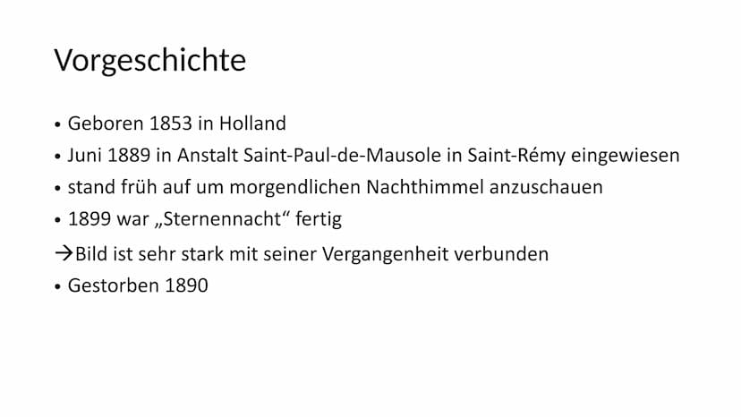 Sternennacht
Von Vincent van Gogh Inhaltsverzeichnis
Vorgeschichte
Bildbeschreibung
●
• Bildanalyse
• Interpretation
Wo hängt es heute?
› Qu