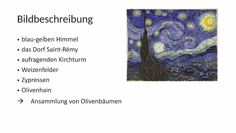 Sternennacht
Von Vincent van Gogh Inhaltsverzeichnis
Vorgeschichte
Bildbeschreibung
●
• Bildanalyse
• Interpretation
Wo hängt es heute?
› Qu