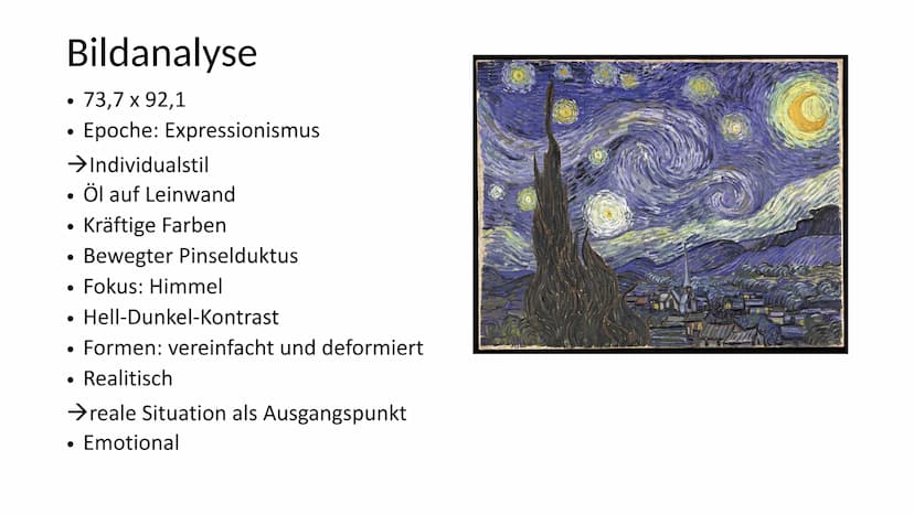 Sternennacht
Von Vincent van Gogh Inhaltsverzeichnis
Vorgeschichte
Bildbeschreibung
●
• Bildanalyse
• Interpretation
Wo hängt es heute?
› Qu