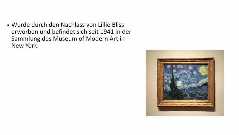 Sternennacht
Von Vincent van Gogh Inhaltsverzeichnis
Vorgeschichte
Bildbeschreibung
●
• Bildanalyse
• Interpretation
Wo hängt es heute?
› Qu