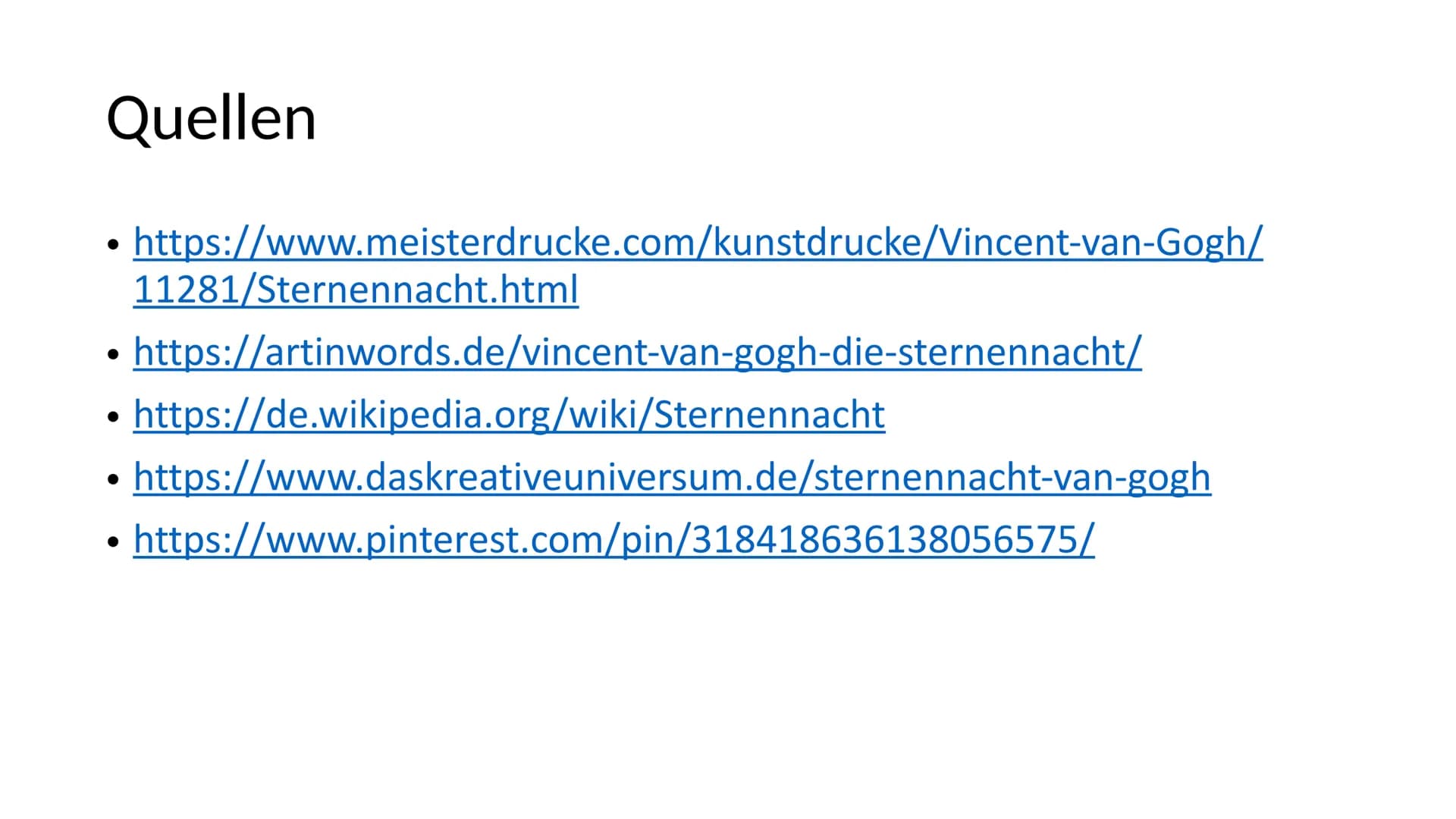 Sternennacht
Von Vincent van Gogh Inhaltsverzeichnis
Vorgeschichte
Bildbeschreibung
●
• Bildanalyse
• Interpretation
Wo hängt es heute?
› Qu