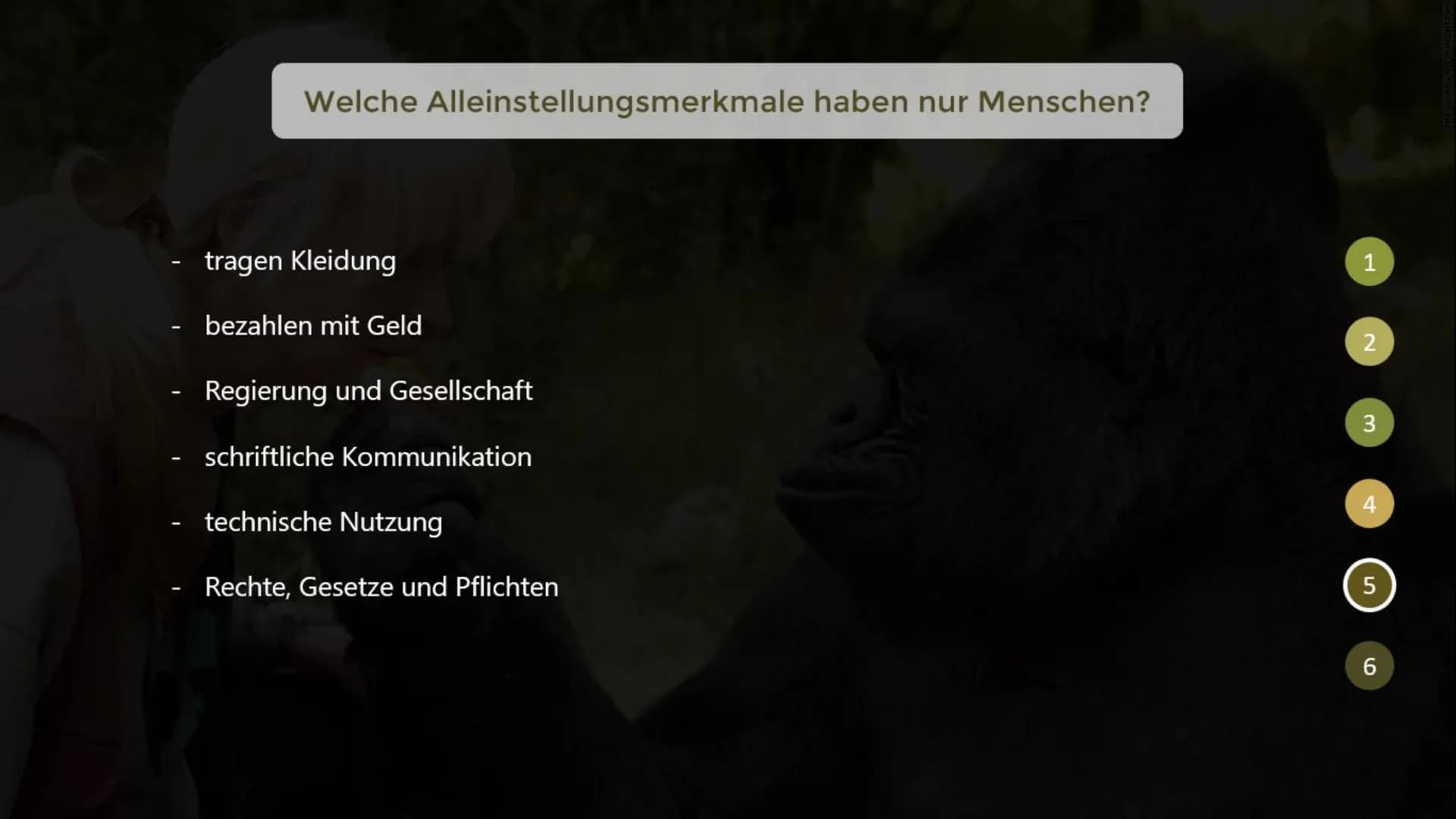 Inwiefern unterscheiden sich menschliche Tiere
von nicht-menschlichen Tieren?
THE GORILLA FOUNDATION 1
2
Gliederung
Was macht ein menschlich