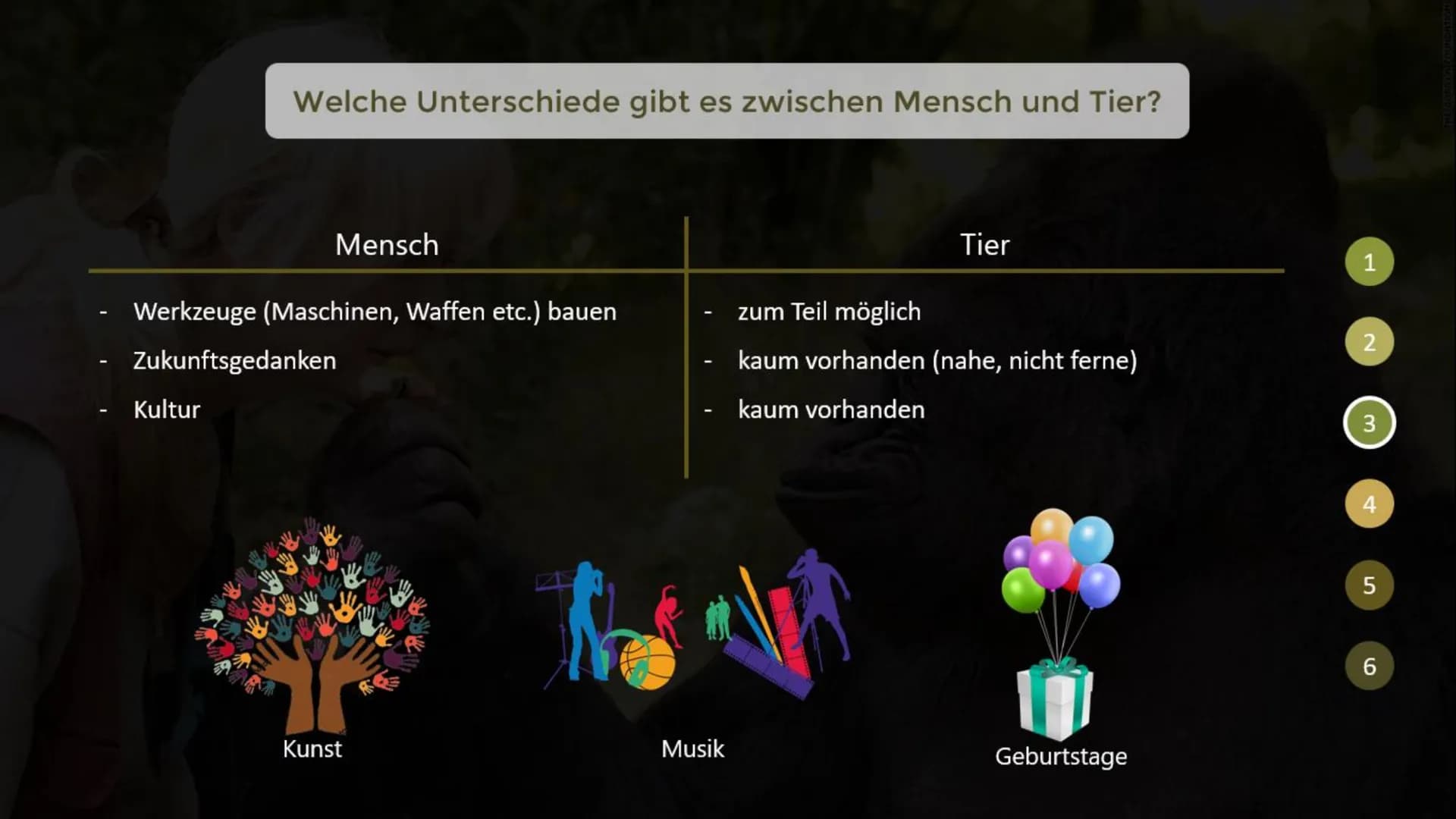 Inwiefern unterscheiden sich menschliche Tiere
von nicht-menschlichen Tieren?
THE GORILLA FOUNDATION 1
2
Gliederung
Was macht ein menschlich