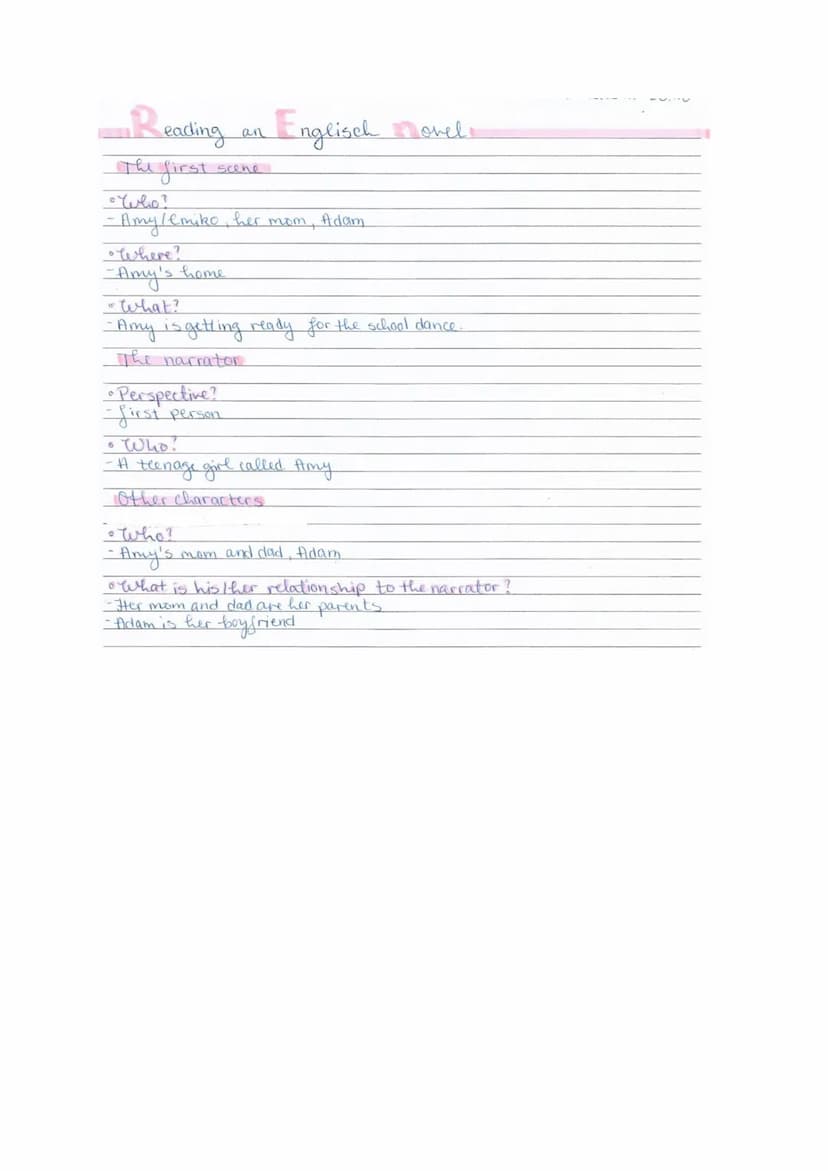 READING AN ENGLISCH NOVEL 10-11.20
chapten 1+2,
Who?
- Amy and her parents, her boyfriend Adam, her old friends and Adams
friends, Adam's mo