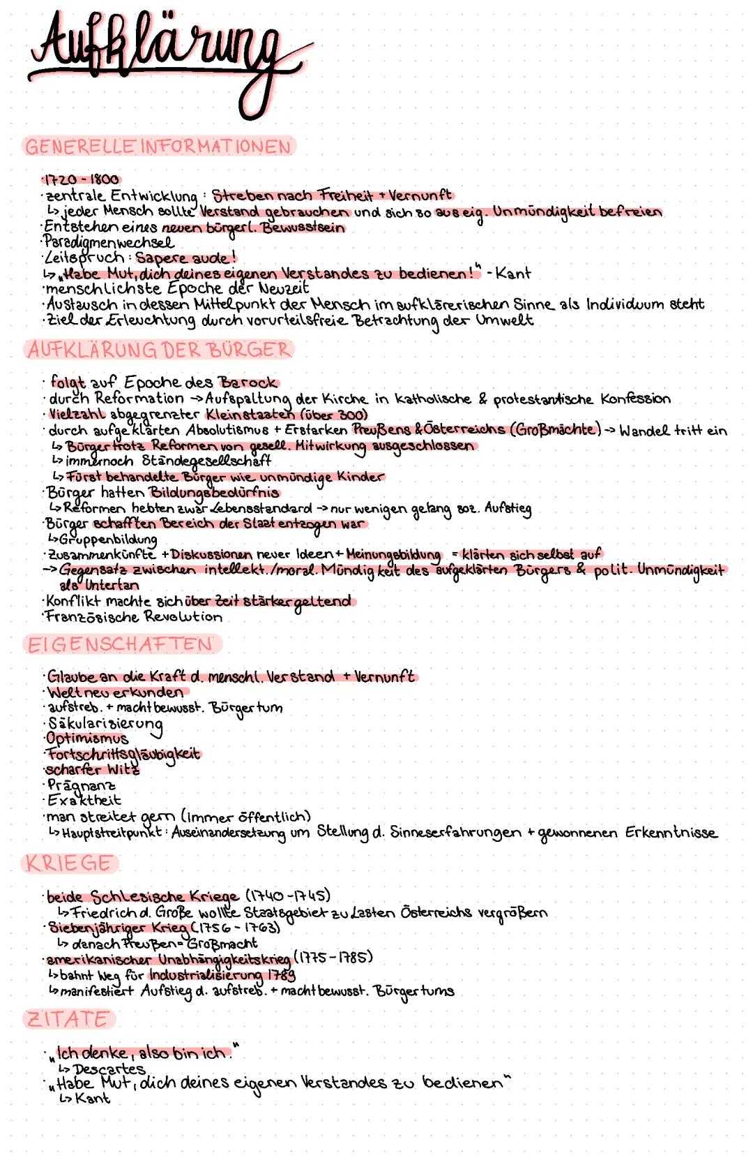 Lernzettel Deutsch: Aufklärung