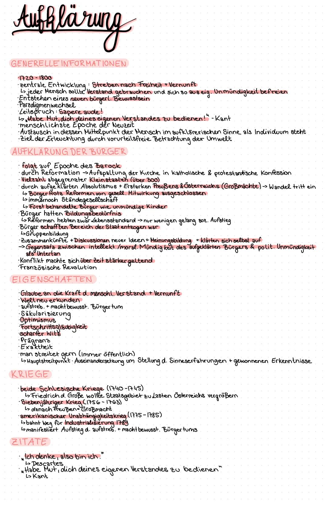 Aufklärung
GENERELLE INFORMATIONEN
1720-1800
zentrale Entwicklung: Streben nach Freiheit + Vernunft
Ls jeder Mensch sollte Verstand gebrauch