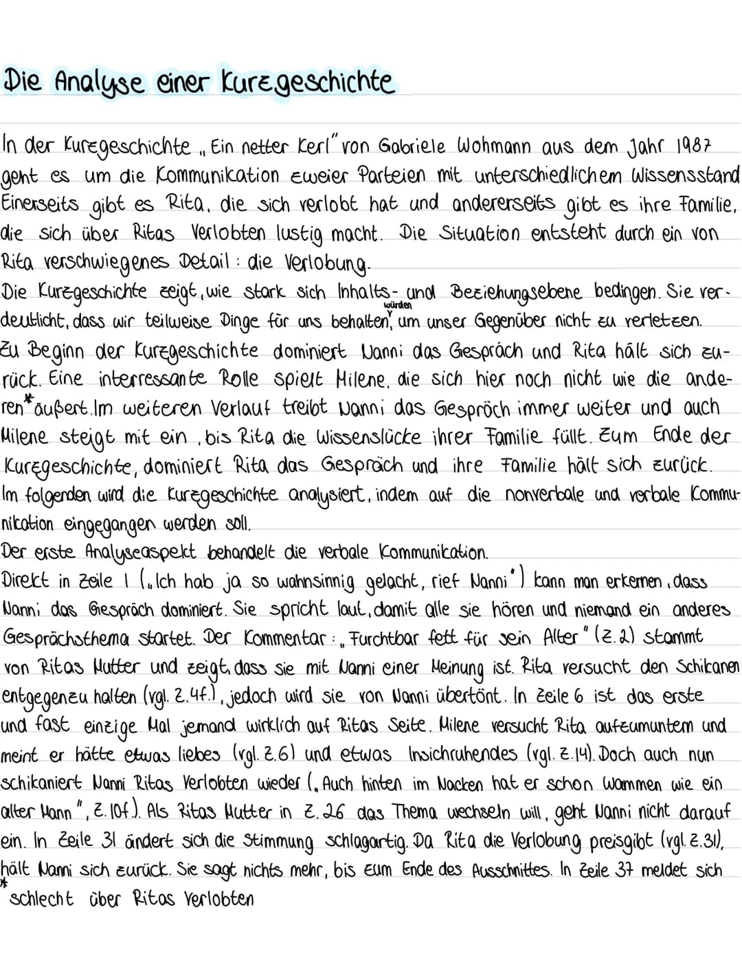 Die Analyse einer kurzgeschichte
In der Kuregeschichte. Ein netter Kerl" von Gabriele Wohmann aus dem Jahr 1987
geht es um die Kommunikation