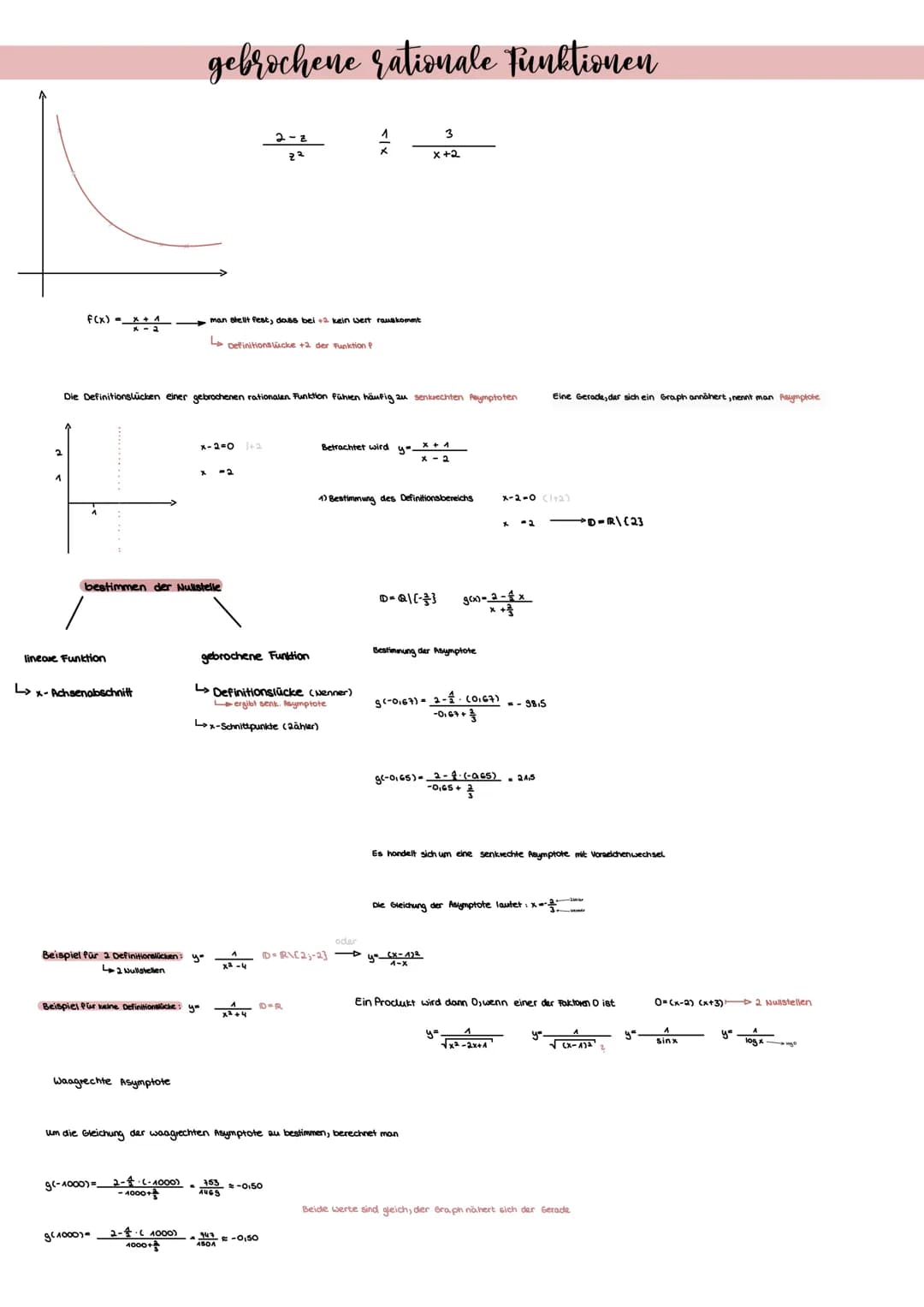 2
^
f(x) = x + 1
X-2
lineaue Funktion
L>x-Achsenabschnitt
Die Definitionstück einer gebrochenen rationalen Funktion führen häufig zu senkrec