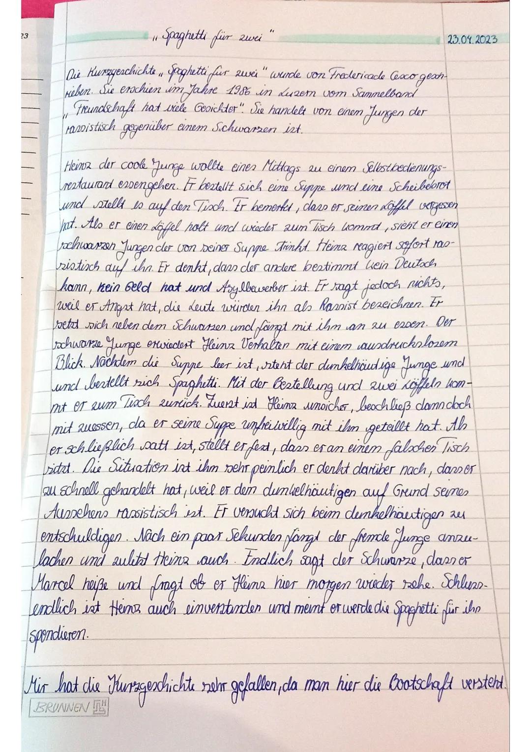 23
10
Spaghetti für zwei
"0
23.04.2023
Die Kurzgeschichte, Spaghetti für zwei" wurde von Fredericade Cexco geon-
rieben. Sie erschien im Jah