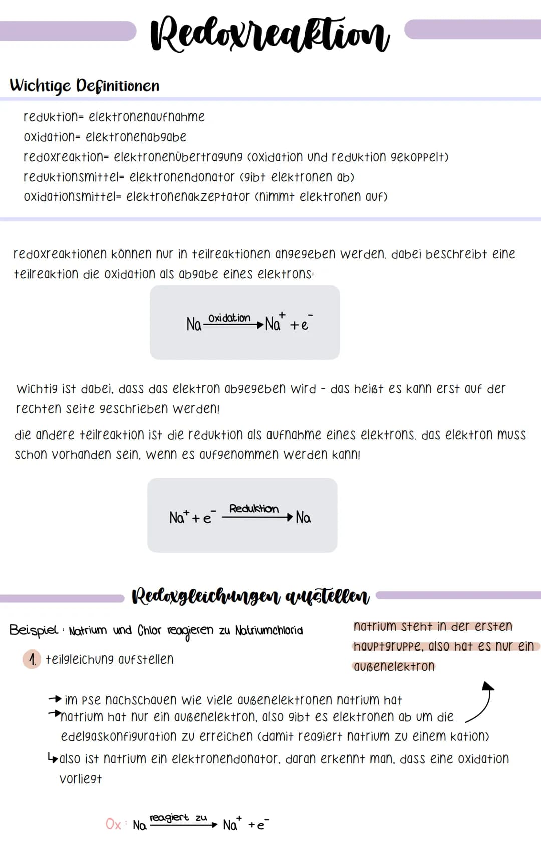 Redoxreaktion
Wichtige Definitionen
reduktion elektronenaufnahme
Oxidation elektronenabgabe
redoxreaktion= elektronenübertragung (oxidation 