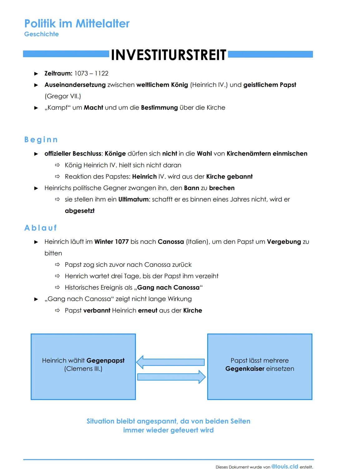Politik im Mittelalter
Geschichte
INVESTITURSTREIT
Zeitraum: 1073 - 1122
▸ Auseinandersetzung zwischen weltlichem König (Heinrich IV.) und g