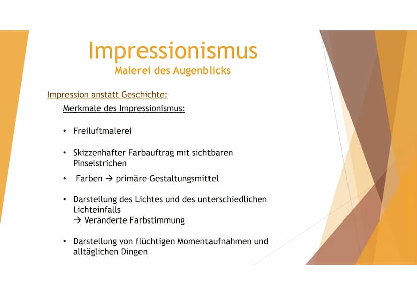 Impression anstatt Geschichte:
Begriff:
Lat. impressio → Eindruck
●
●
●
●
Impressionismus
Malerei des Augenblicks
●
Stilrichtung in der zwei