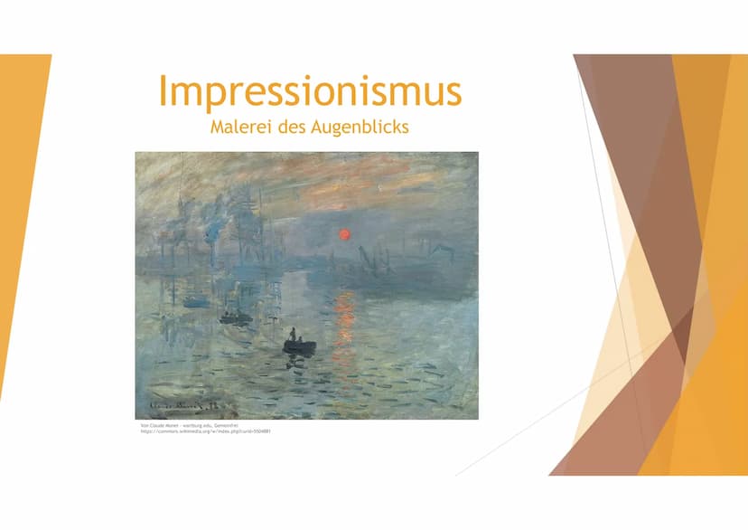 Impression anstatt Geschichte:
Begriff:
Lat. impressio → Eindruck
●
●
●
●
Impressionismus
Malerei des Augenblicks
●
Stilrichtung in der zwei