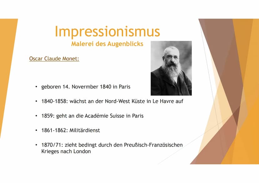 Impression anstatt Geschichte:
Begriff:
Lat. impressio → Eindruck
●
●
●
●
Impressionismus
Malerei des Augenblicks
●
Stilrichtung in der zwei