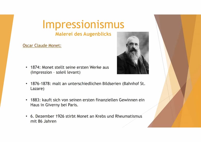 Impression anstatt Geschichte:
Begriff:
Lat. impressio → Eindruck
●
●
●
●
Impressionismus
Malerei des Augenblicks
●
Stilrichtung in der zwei