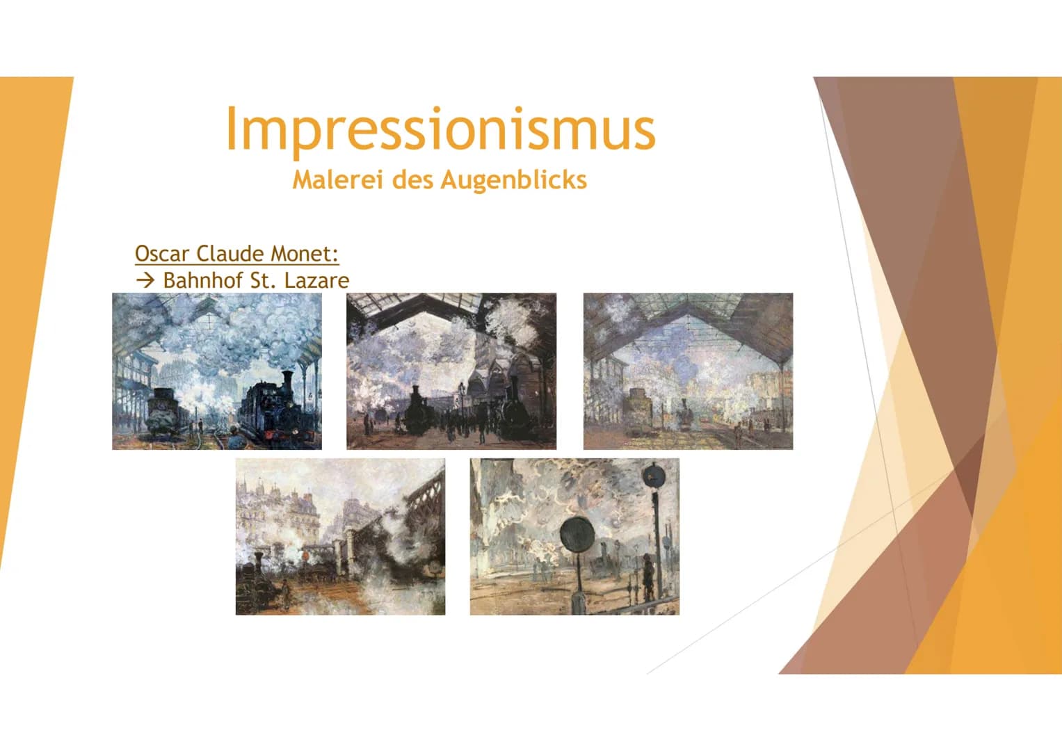 Impression anstatt Geschichte:
Begriff:
Lat. impressio → Eindruck
●
●
●
●
Impressionismus
Malerei des Augenblicks
●
Stilrichtung in der zwei