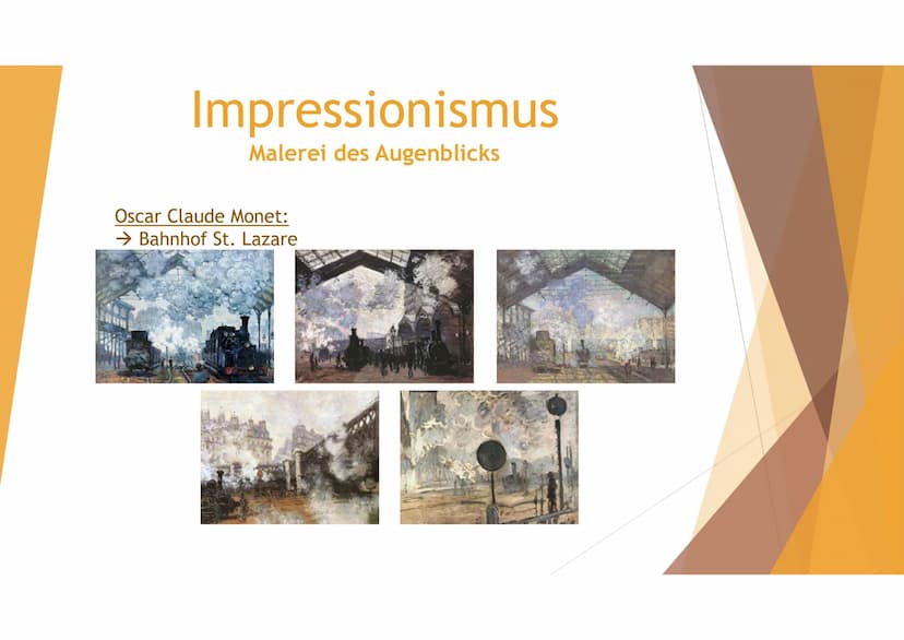 Impression anstatt Geschichte:
Begriff:
Lat. impressio → Eindruck
●
●
●
●
Impressionismus
Malerei des Augenblicks
●
Stilrichtung in der zwei
