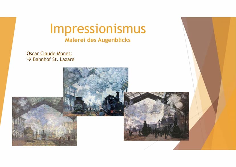 Impression anstatt Geschichte:
Begriff:
Lat. impressio → Eindruck
●
●
●
●
Impressionismus
Malerei des Augenblicks
●
Stilrichtung in der zwei