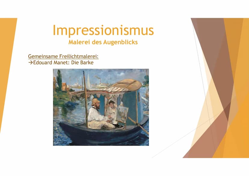 Impression anstatt Geschichte:
Begriff:
Lat. impressio → Eindruck
●
●
●
●
Impressionismus
Malerei des Augenblicks
●
Stilrichtung in der zwei