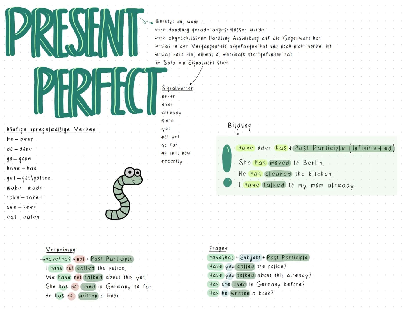 PRESENT
PERFECT
häufige unregelmäßige Verben:
be-been
do done
go-gone
have had
get-got gotten.
make-made
take-taken
See Seen
eat eaten
· Ver