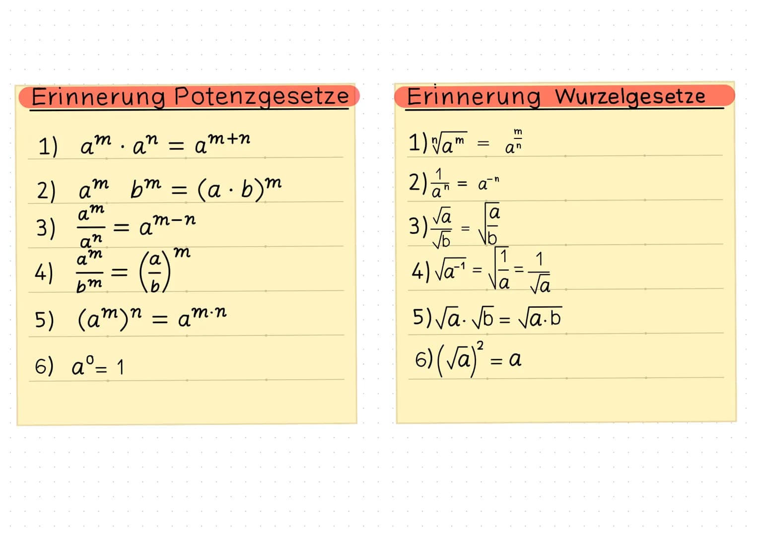 Erinnerung Potenzgesetze
1) aman – α
21 am bm =
m
a²
an
3) = α
m-n
am
4)
5)
6)
bm
b
(am)n = a
m
a = 1
m+n
(a. b)m
=am.n
Erinnerung Wurzelges