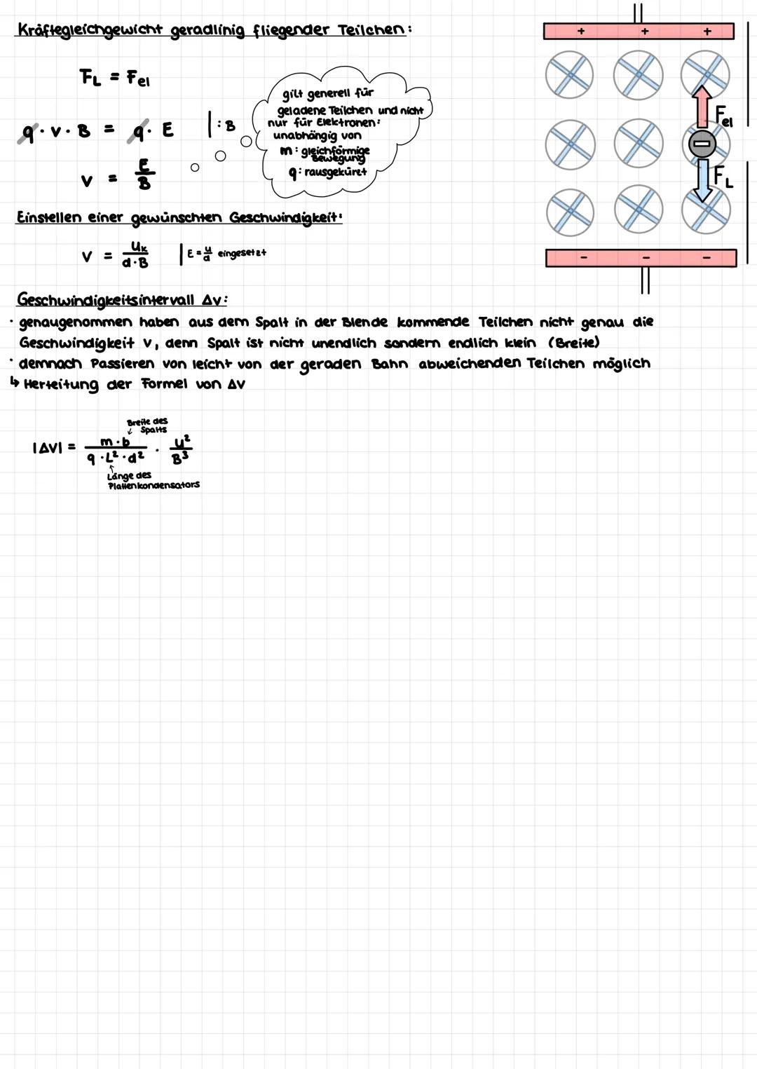 Kräftegleichgewicht geradlinig fliegender Teilchen:
FL= Fel
9.v.B = 9.
등
V =
IAVI =
Einstellen einer gewünschten Geschwindigkeit.
E = einges