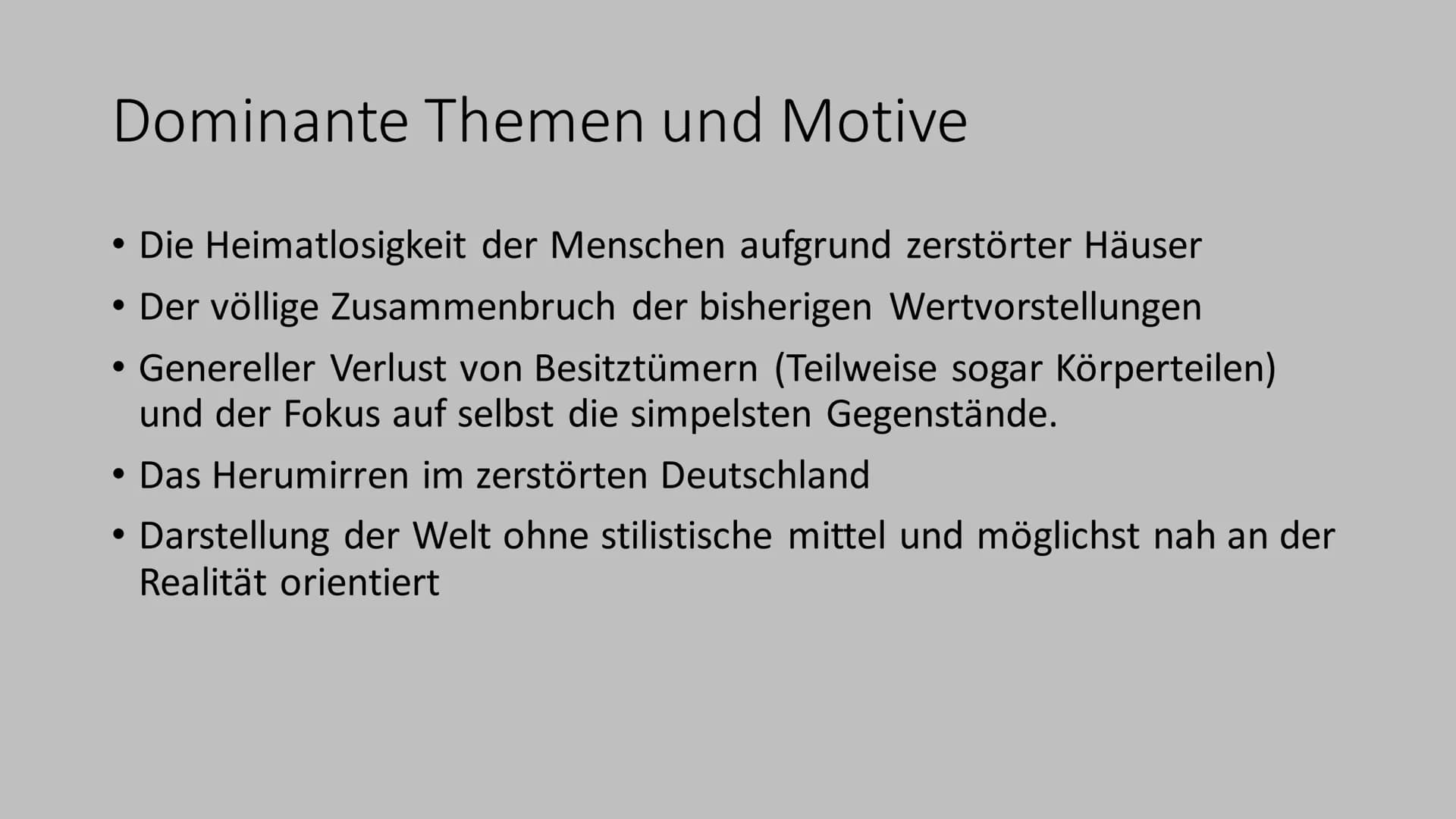 Trümmerliteratur
(1945)-(1950)
(Nachkriegszeit) Geschichtlicher Hintergrund
Nachkriegszeit: Besetzung durch die Siegermächte Deutsche
Stätte