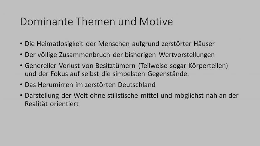 Trümmerliteratur
(1945)-(1950)
(Nachkriegszeit) Geschichtlicher Hintergrund
Nachkriegszeit: Besetzung durch die Siegermächte Deutsche
Stätte