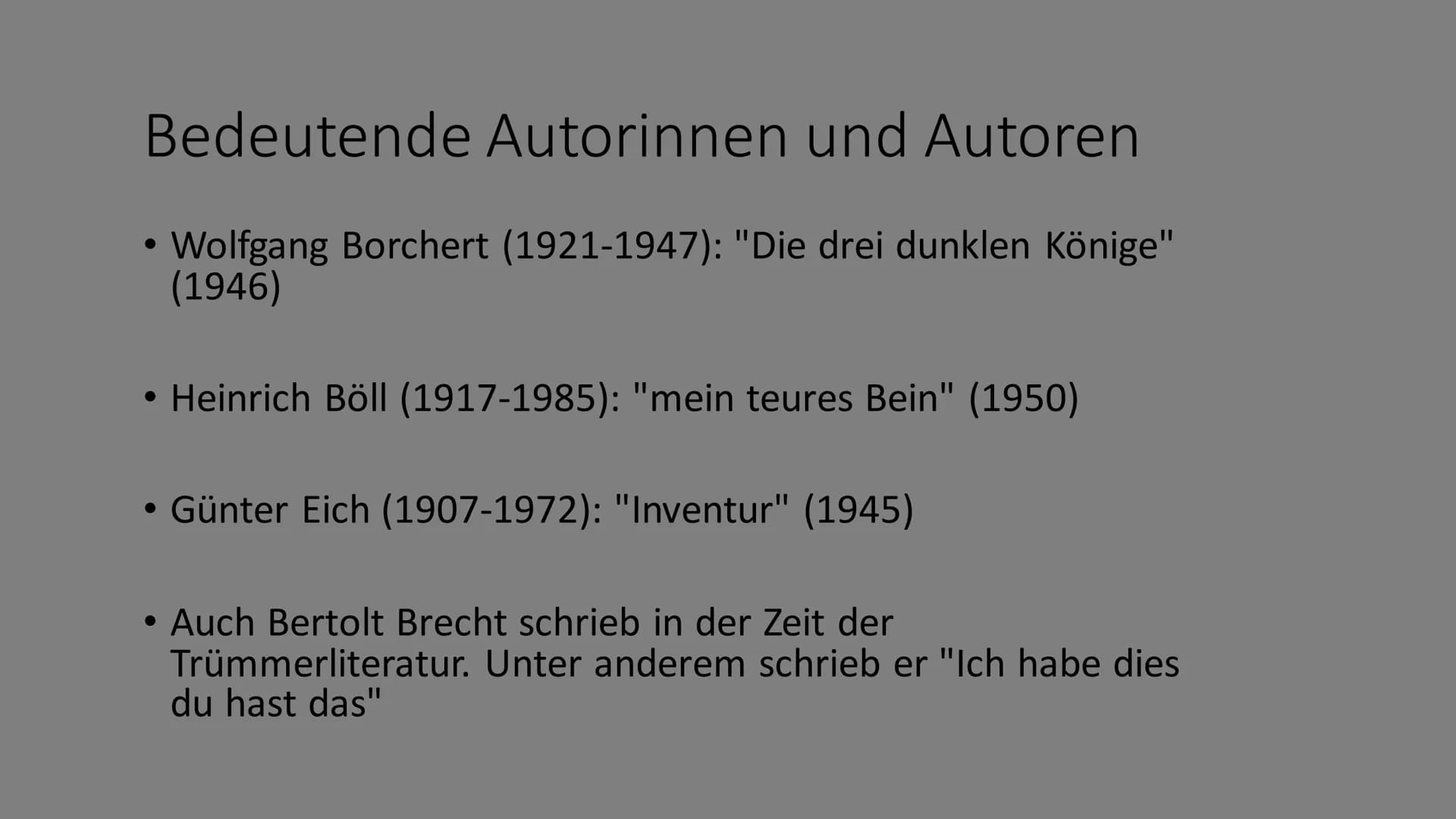Trümmerliteratur
(1945)-(1950)
(Nachkriegszeit) Geschichtlicher Hintergrund
Nachkriegszeit: Besetzung durch die Siegermächte Deutsche
Stätte