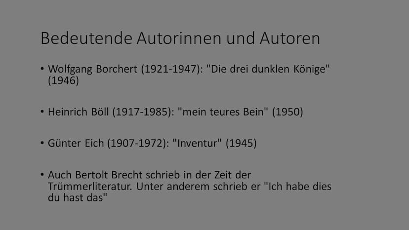 Trümmerliteratur
(1945)-(1950)
(Nachkriegszeit) Geschichtlicher Hintergrund
Nachkriegszeit: Besetzung durch die Siegermächte Deutsche
Stätte