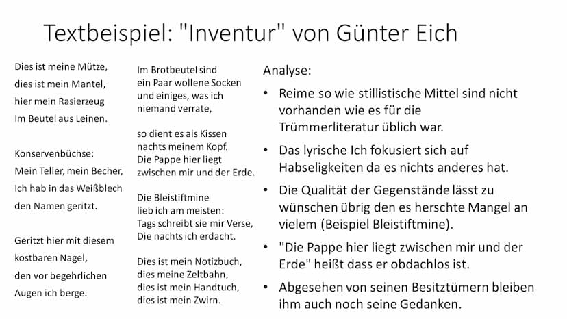 Trümmerliteratur
(1945)-(1950)
(Nachkriegszeit) Geschichtlicher Hintergrund
Nachkriegszeit: Besetzung durch die Siegermächte Deutsche
Stätte