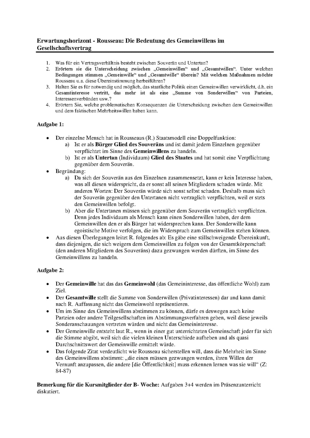 Gemeinwille und Gesamtwille bei Rousseau einfach erklärt