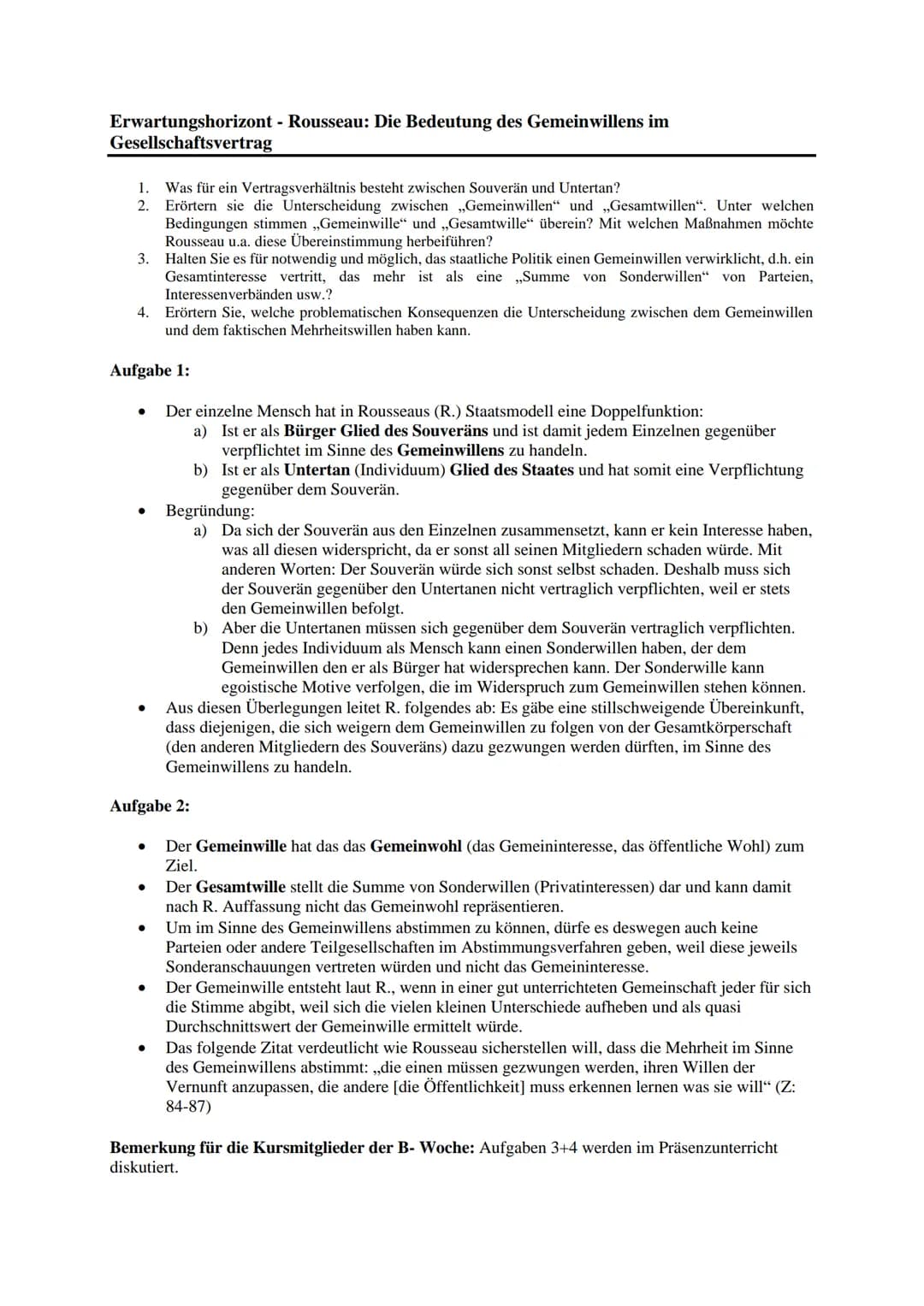 Erwartungshorizont - Rousseau: Die Bedeutung des Gemeinwillens im
Gesellschaftsvertrag
Was für ein Vertragsverhältnis besteht zwischen Souve