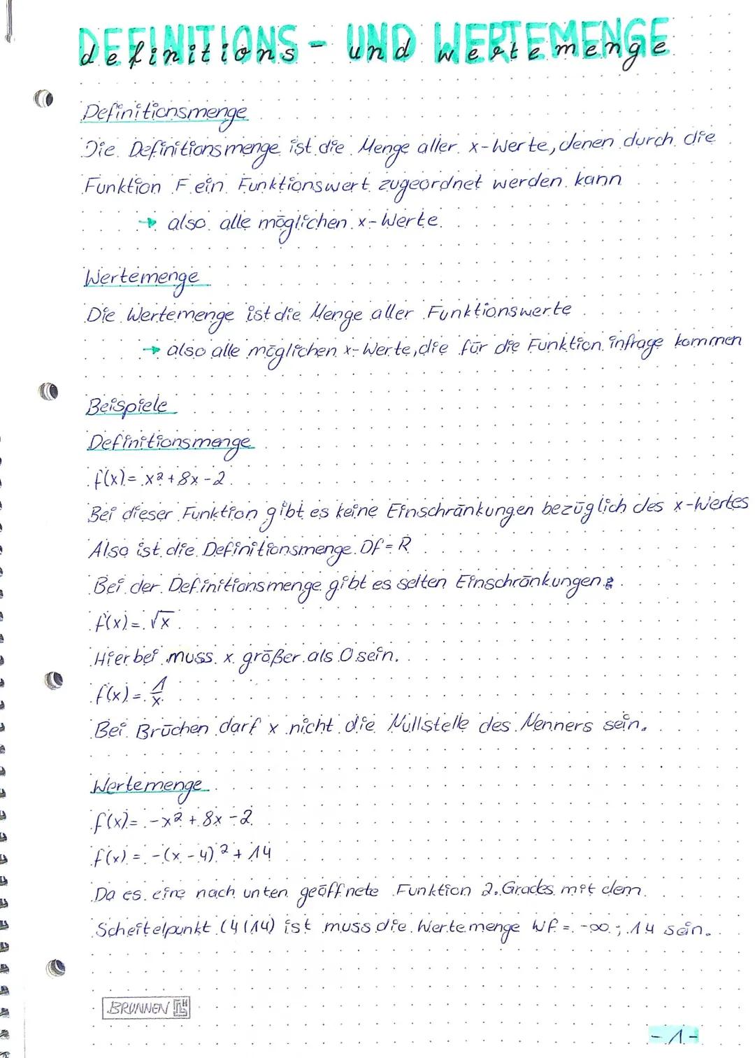 2
3
9
3
4
To
DEFINITIONS- UND WERIEMENGE
Definitionsmenge
Die Definitions menge ist die Menge aller x-Werte, denen durch die
Funktion Fein F