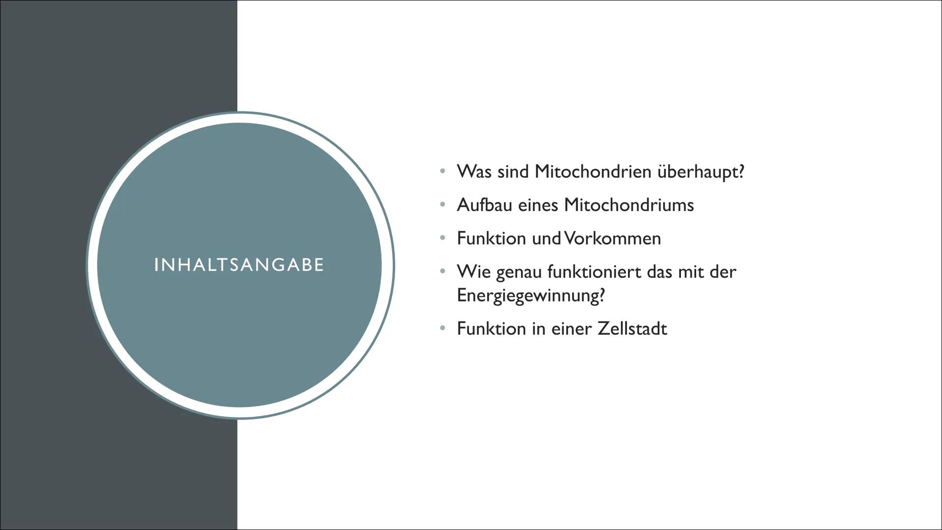 ganar
Gunna
2850
Len
MITOCHONDRIEN
SUNG
Tuulia INHALTSANGABE
• Was sind Mitochondrien überhaupt?
●
Aufbau eines Mitochondriums
Funktion und 