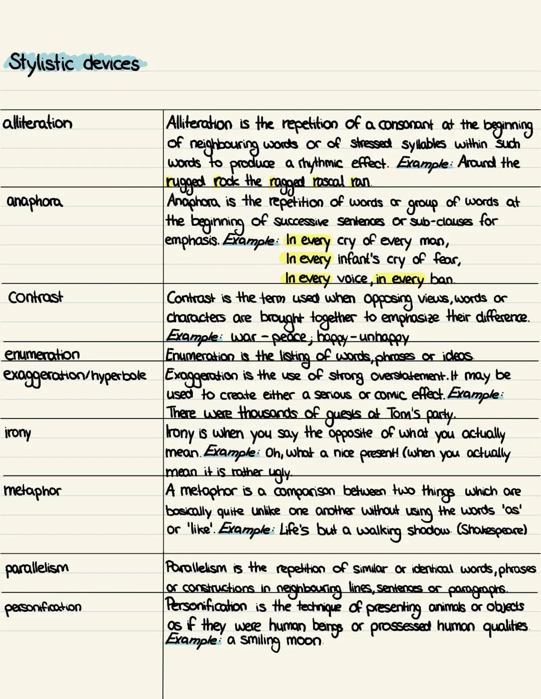 Stylistic devices
alliteration
anaphora
Contrast
enumeration
irony
Enumeration is the listing of words, phrases or ideas.
exaggeration/hyper