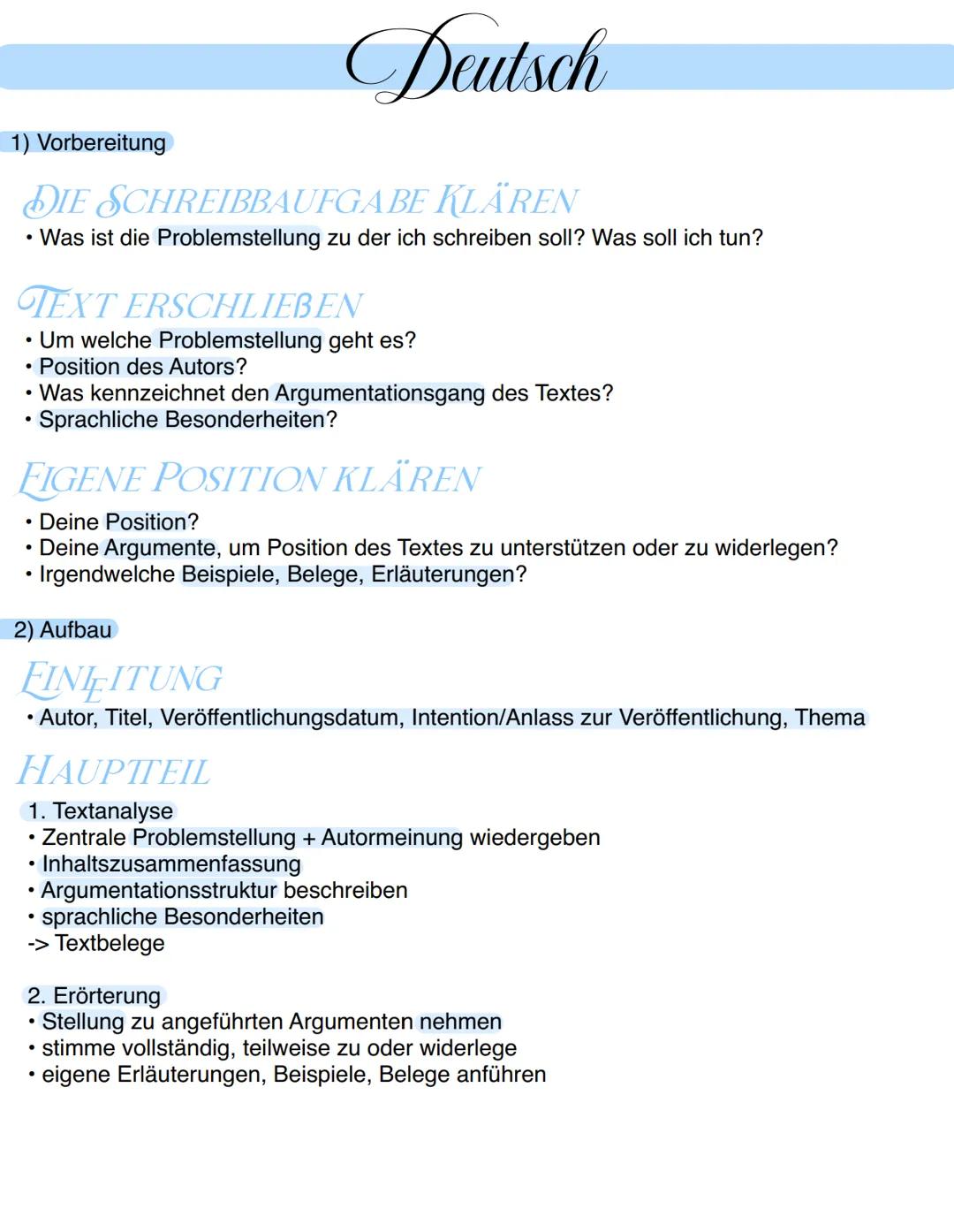 Deutsch

1) Vorbereitung

DIE SCHREIBBAUFGABE KLÄREN
• Was ist die Problemstellung zu der ich schreiben soll? Was soll ich tun?

TEXT ERSCHL