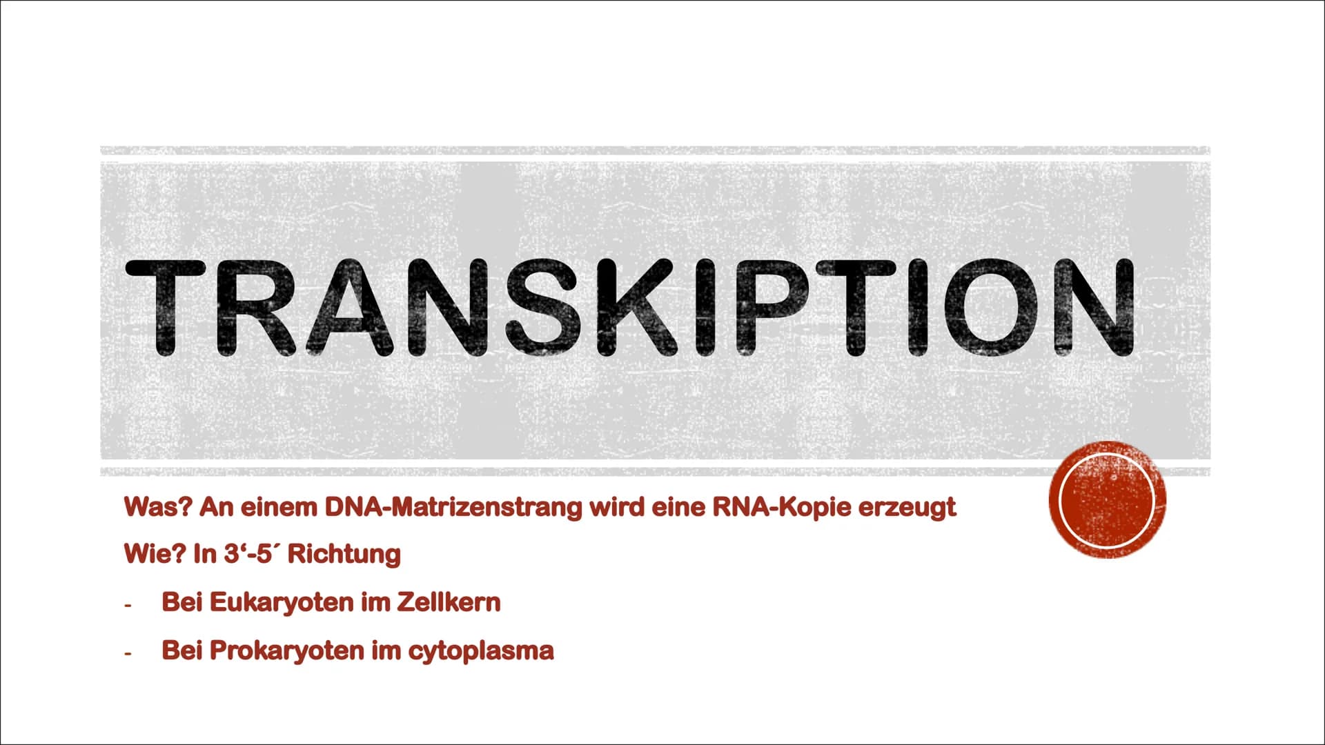 TRANSKIPTION
Was? An einem DNA-Matrizenstrang wird eine RNA-Kopie erzeugt
Wie? In 3'-5" Richtung
Bei Eukaryoten im Zellkern
Bei Prokaryoten 