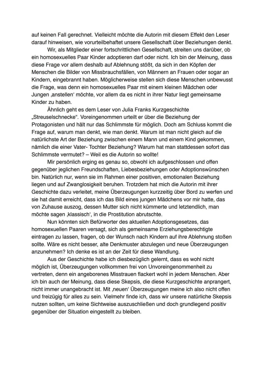 Interpretation der Kurzgeschichte ,,Streuselschnecke" von Julia Frank
In der Kurzgeschichte „Streuselschnecke" von Julia Frank, geht es um e