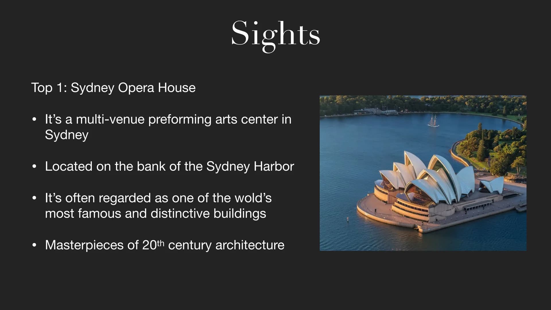 Sydney 1. Overall facts
2. History
3. Population
4. Sights
5. Climate
Table of contents
6. Festivals
9-1-1-1-1 ●
• It's on the east cost of 