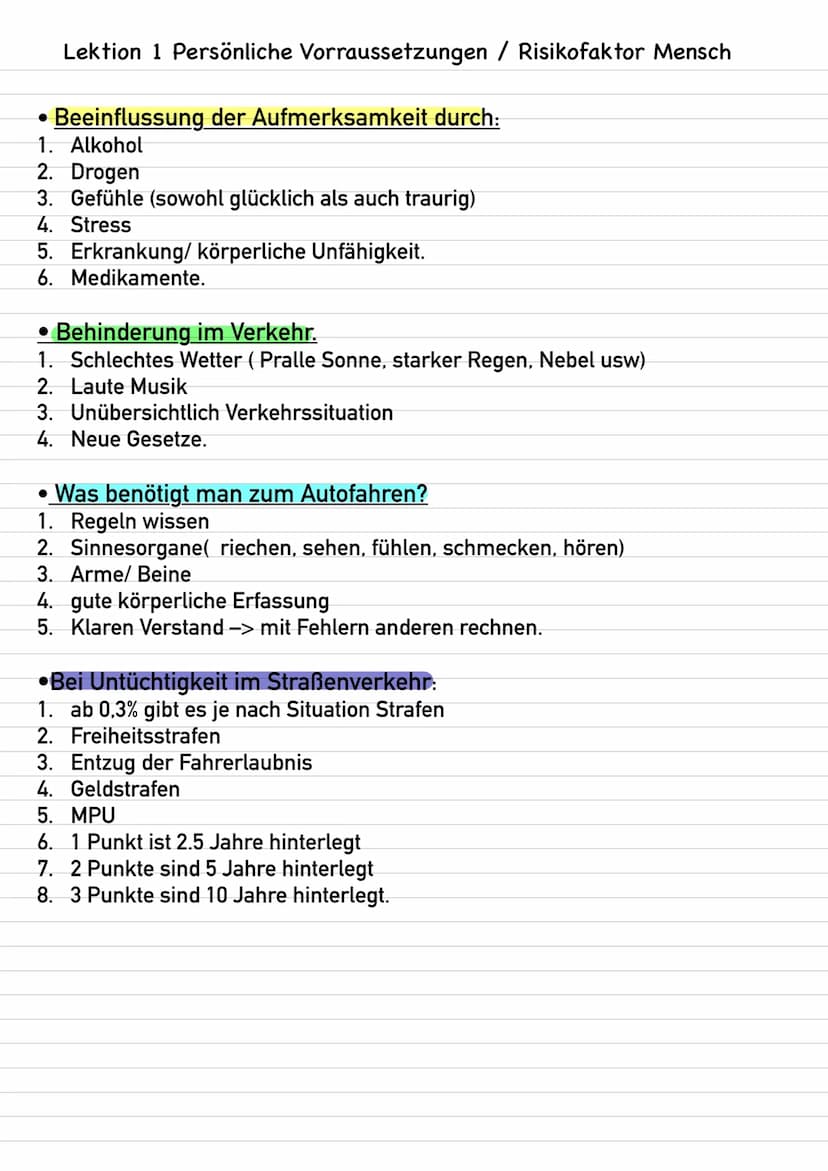 Khaalia
Fahrschule
Lektionen Lektion 1 Persönliche Vorraussetzungen / Risikofaktor Mensch
Beeinflussung der Aufmerksamkeit durch:
1. Alkohol