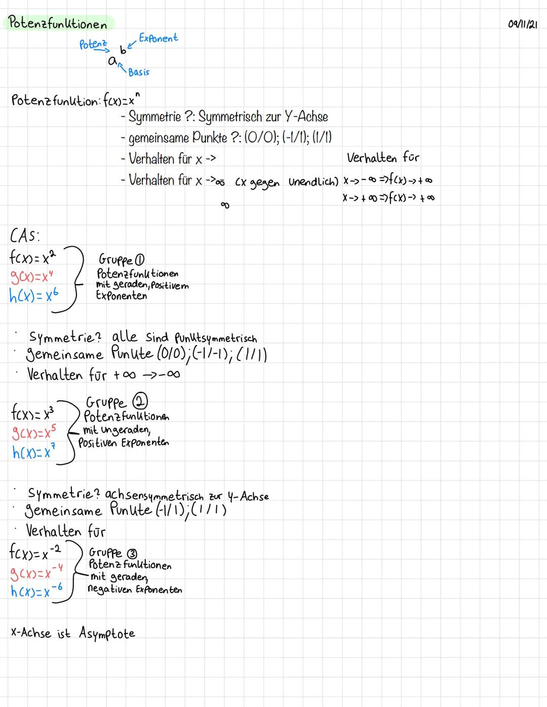 Potenzfunktionen
Potenz be
Exponent
ar Basis

Potenz funktion: f(x)=x^
- Symmetrie ?: Symmetrisch zur Y-Achse
- gemeinsame Punkte ?: (0/0); 
